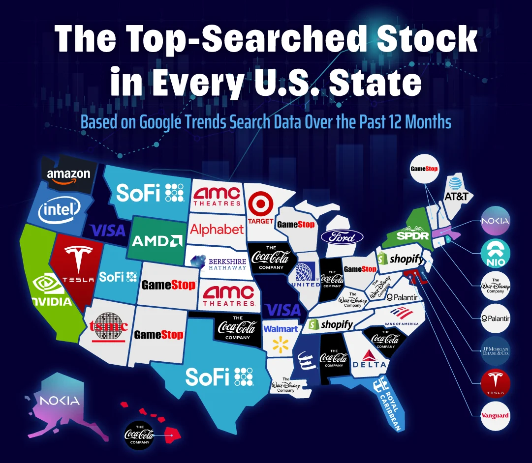 A U.S. map showing the top-searched stock in every state