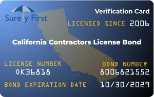 California contractor insurance and bond ID card showing proof of CSLB compliance and coverage