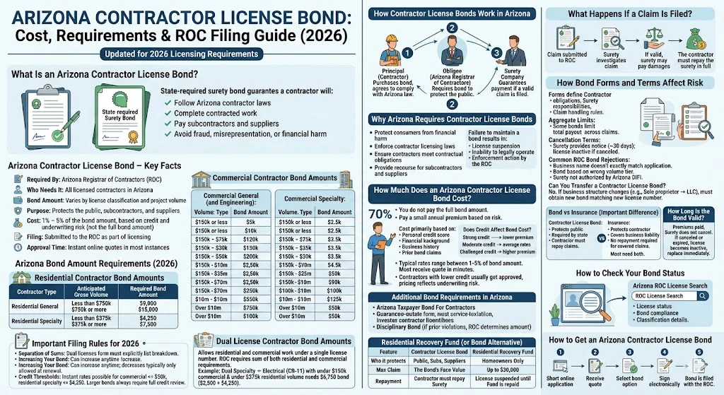 Infographic detailing Arizona Contractor License Bond requirements for 2026. Highlights bond amounts for residential, commercial, and dual licenses, costs based on credit (1%-5%), and the ROC filing process. Includes key facts and compliance tips.