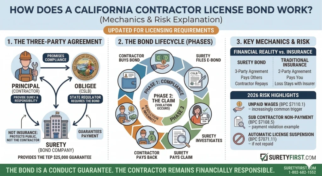 Infographic explaining how a California Contractor License Bond works, including the three-party agreement, bond lifecycle phases, and key mechanics and risks.