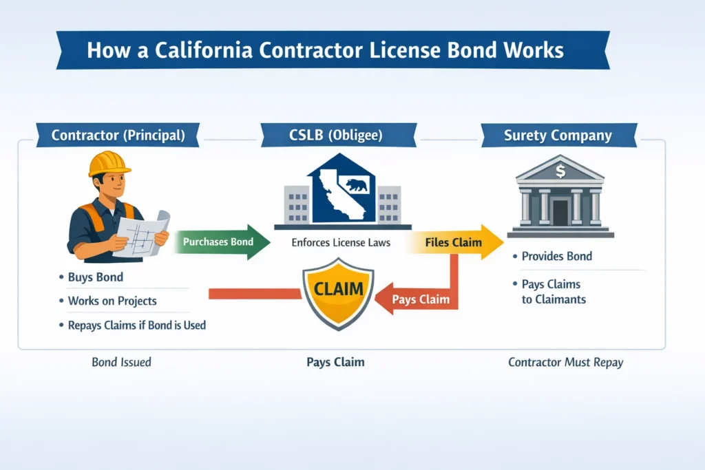 how a california contractor license bond works showing contractor CSLB and surety company relationship and claim process