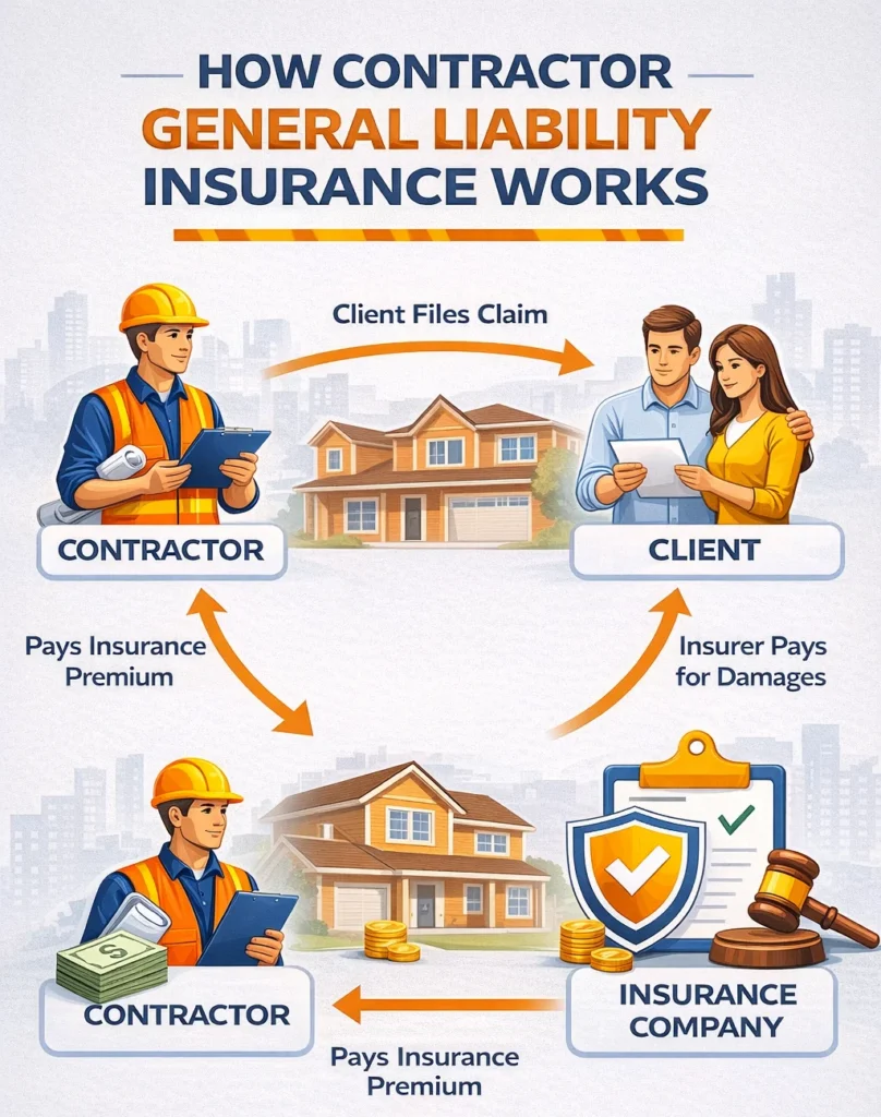 Diagram showing how contractor general liability insurance works including contractor, client claim, and insurance company paying covered damages