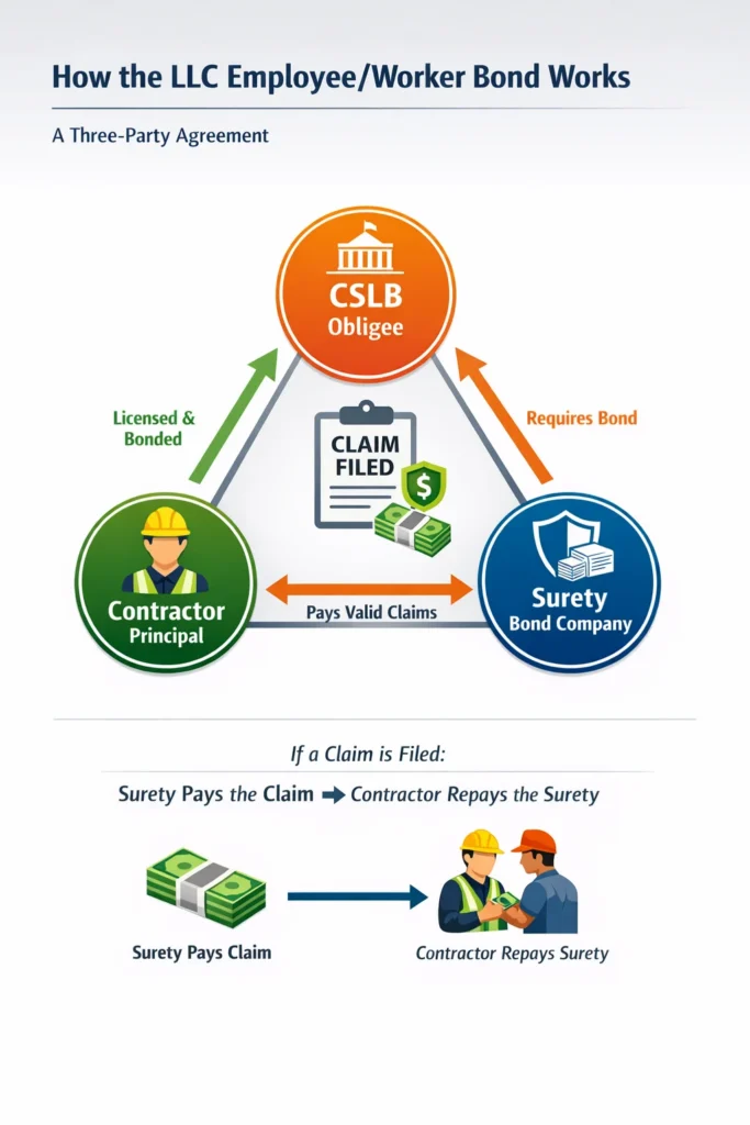 California LLC employee worker bond three party agreement between contractor, principal, CSLB obligee surety company claim process