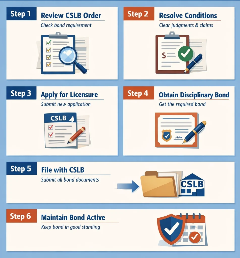How to reinstate a revoked California contractor license showing CSLB disciplinary bond steps including review, application, bond approval, and filing process.