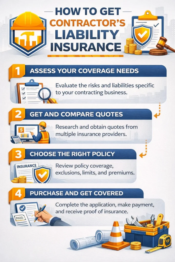 Step-by-step infographic showing how contractors obtain general liability insurance including assessing risk, comparing quotes, choosing coverage, and purchasing a policy