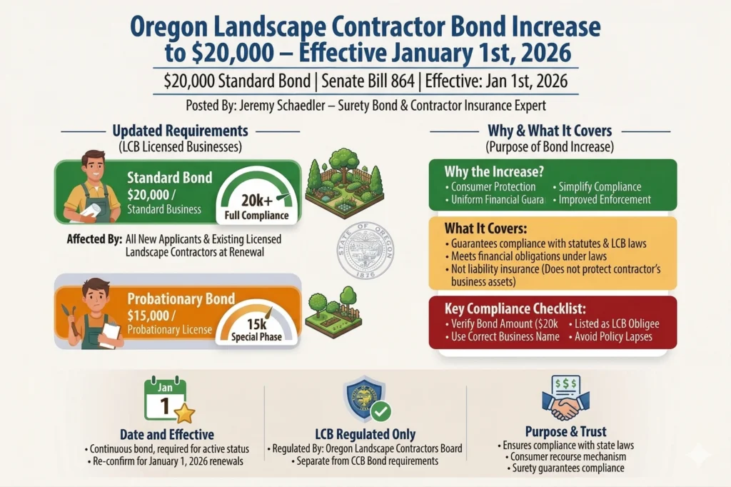 Infographic explaining the 2026 increase of the standard Oregon Landscape Contractor Bond from tiered levels to a uniform $20,000 for standard businesses and $15,000 for probationary licenses, as mandated by Senate Bill 864. It lists updated requirements, reasons for the increase, coverage details, and compliance tips, and emphasizes its separation from CCB bond requirements.
