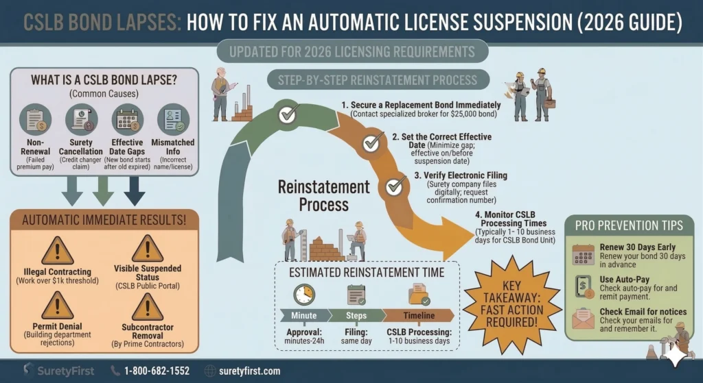 Infographic titled "CSLB Bond Lapses: How to Fix an Automatic License Suspension (2026 Guide)". It features a step-by-step circular flowchart illustrating the reinstatement process, with sections on common causes like non-renewal, immediate results like illegal contracting, and pro prevention tips. A central box details the "Estimated Reinstatement Time" timeline, and a starburst emphasizes "Key Takeaway: Fast Action Required!". The footer includes the SuretyFirst logo and contact information.