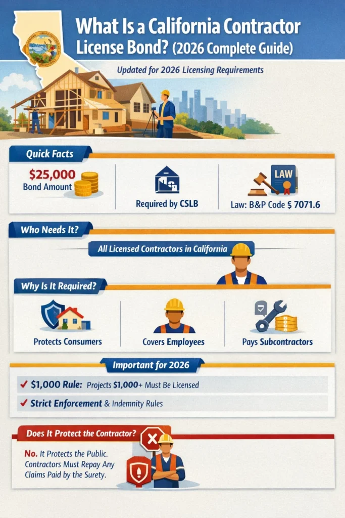 California contractor license bond infographic showing $25,000 bond requirement, CSLB compliance, who needs the bond, and key 2026 updates including the $1,000 rule and indemnity requirements