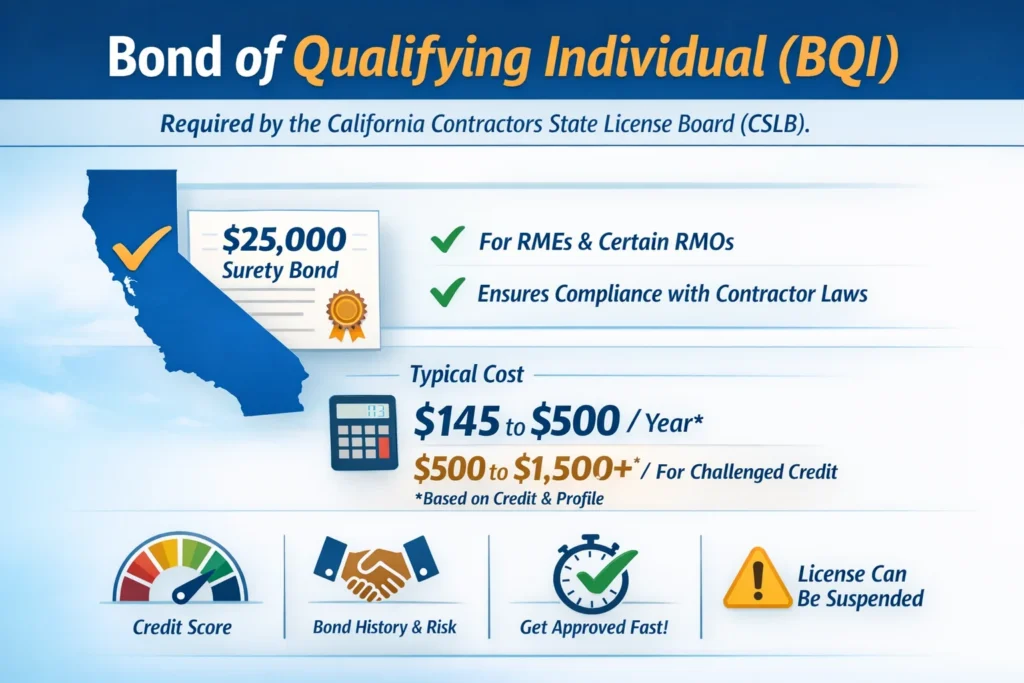 California bond of qualifying individual BQI cost ranges including $145 to $500 per year and $500 to $1500 plus for challenged credit required by CSLB