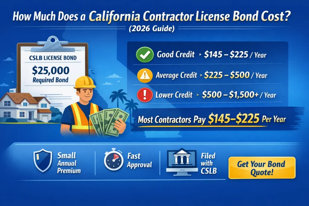 California contractor license bond cost 2026 showing $25,000 CSLB bond premium ranges based on credit tiers