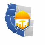 Contractor license bond graphic showing California, Oregon, Washington, Nevada, and Arizona with construction tools and hard hat representing state bond requirements
