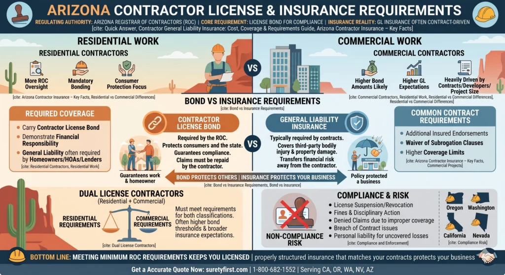 Infographic comparing Arizona contractor license bond and insurance requirements, illustrating the differences between residential and commercial classifications and how bonds protect consumers while insurance protects the business.