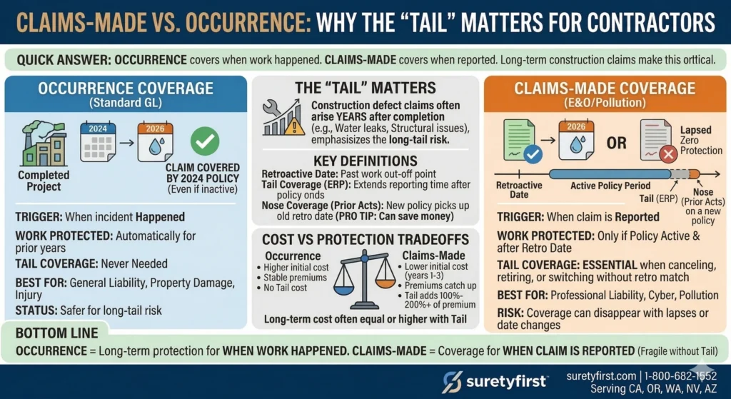 Infographic comparing occurrence and claims-made insurance triggers for contractors, highlighting the difference in 'tail' coverage needs and cost tradeoffs.