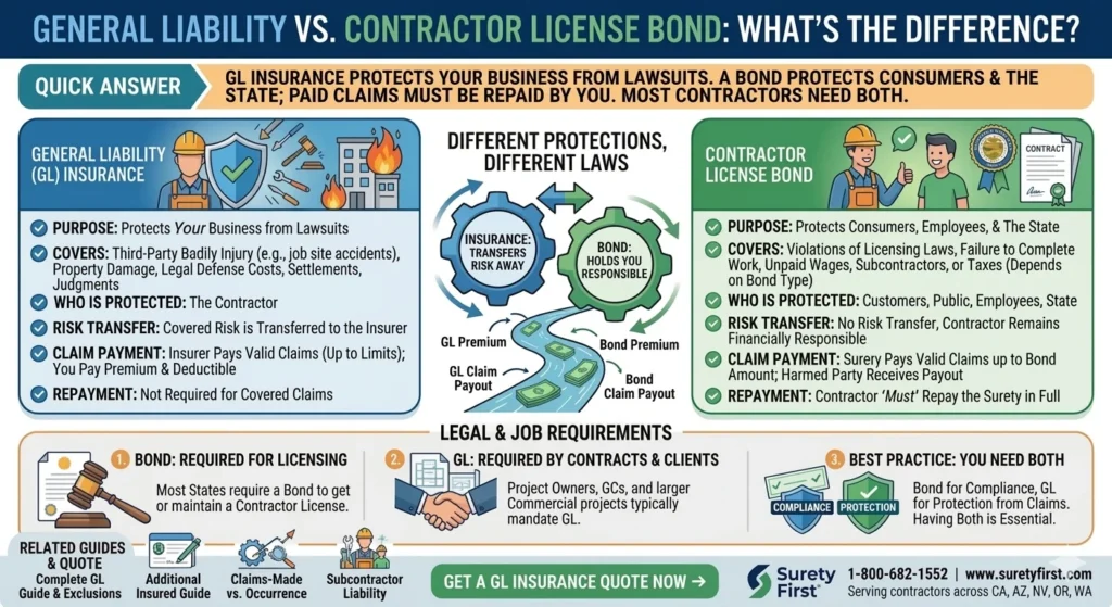 A comparison infographic titled "General Liability vs. Contractor License Bond: What’s the Difference?" It uses a split-screen design to detail how GL insurance protects a contractor's business from lawsuits while a license bond protects consumers and the state from licensing violations. Branded by Surety First.