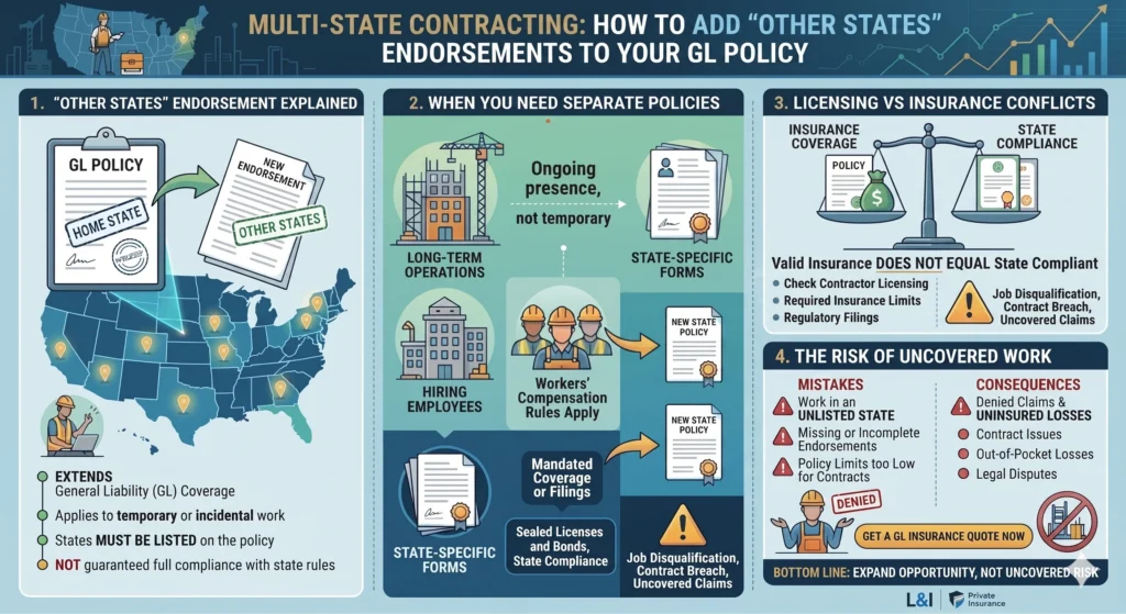 An informational infographic titled "Multi-State Contracting: How to Add 'Other States' Endorsements to Your GL Policy." The graphic is divided into four numbered panels. Panel 1 shows a map of the U.S. with location pins, explaining that endorsements extend General Liability (GL) coverage to listed states for temporary work. Panel 2 illustrates when separate policies are needed, such as for long-term operations or hiring employees. Panel 3 features a balance scale comparing "Insurance Coverage" to "State Compliance," noting that being insured does not guarantee compliance. Panel 4 lists mistakes like working in an unlisted state and the consequences, such as denied claims and uninsured losses.