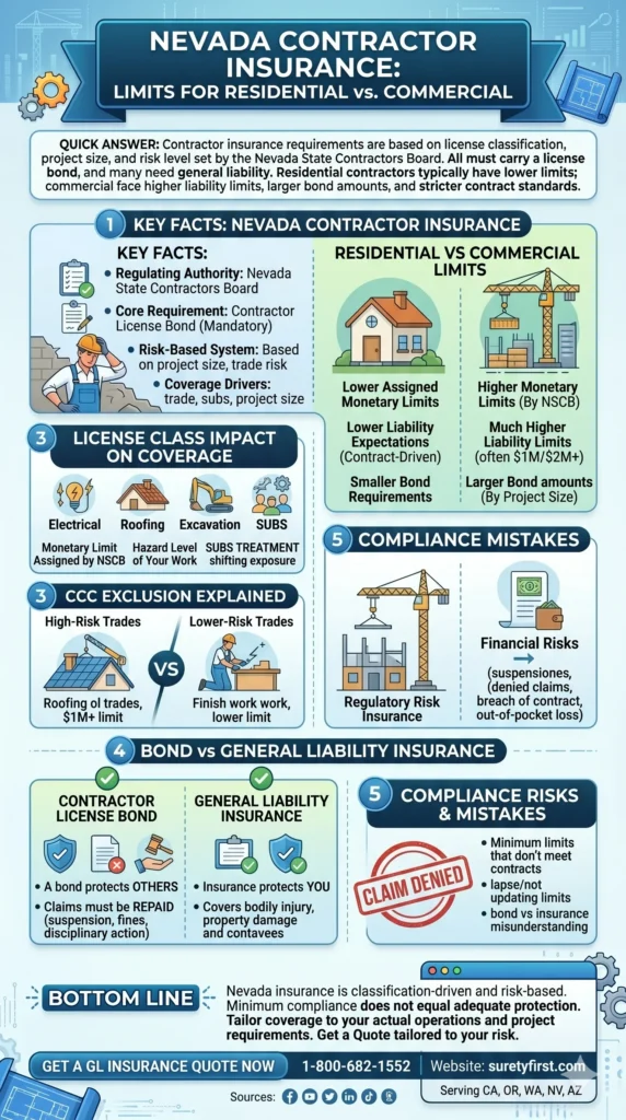 An educational infographic titled "Nevada Contractor Insurance: Limits for Residential vs. Commercial." It details Nevada-specific insurance requirements, including the role of the Nevada State Contractors Board (NSCB), the difference between license bonds and general liability insurance, and how coverage needs scale based on license classification and trade risk.
