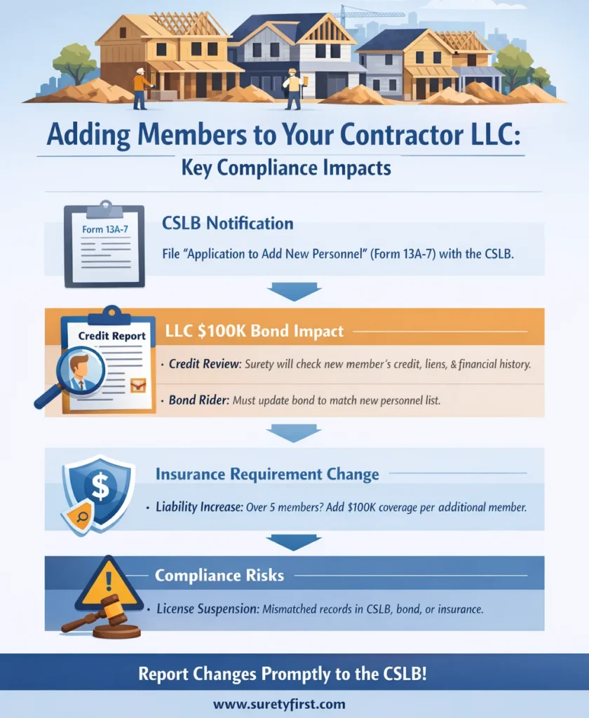Infographic showing how adding members to a California contractor LLC affects bond requirements, insurance coverage, and CSLB compliance