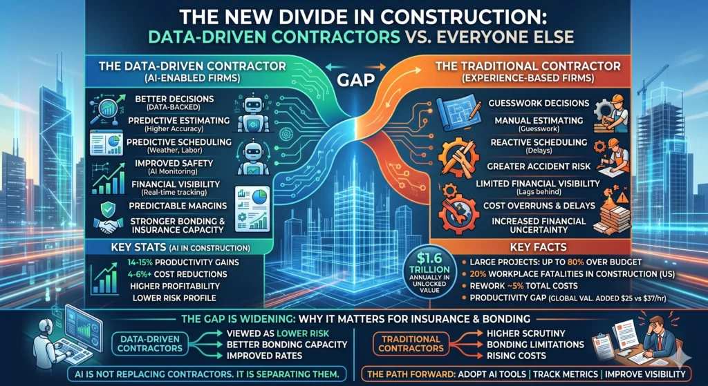 An infographic titled "The New Divide in Construction," showing a digital "gap" separating data-driven contractors from traditional contractors. The left side (Data-Driven) features teal-colored circuits and icons representing predictive AI, improved safety, and predictable margins. The right side (Traditional) features orange gears and blueprints representing guesswork, reactive scheduling, and cost overruns. The bottom section details how AI adoption influences insurance and bonding capacity.