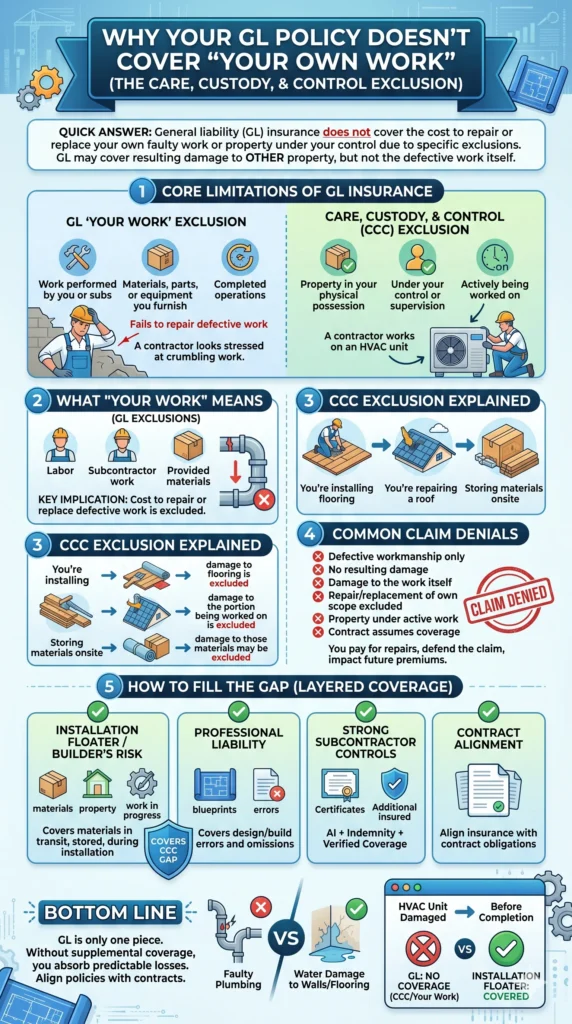 An educational infographic titled "Why Your GL Policy Doesn't Cover 'Your Own Work'." It features five sections explaining the Core Limitations of GL insurance, the "Your Work" definition, the Care, Custody, & Control (CCC) exclusion, common claim denials, and how to fill coverage gaps using layered insurance like Installation Floaters and Professional Liability.