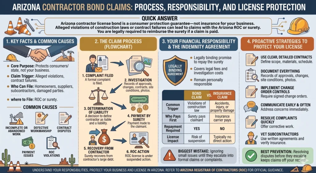 A detailed infographic titled "Arizona Contractor Bond Claims: Process, Responsibility, and License Protection." It is divided into four main sections: Key Facts, The Claim Process Flowchart, Financial Responsibility, and Proactive Strategies. It includes illustrations, a visual flowchart, a comparison table with insurance claims, and various tips for license protection. A large banner on the top and bottom reminds contractors that bond claims must be reimbursed and to follow official ROC guidance.
