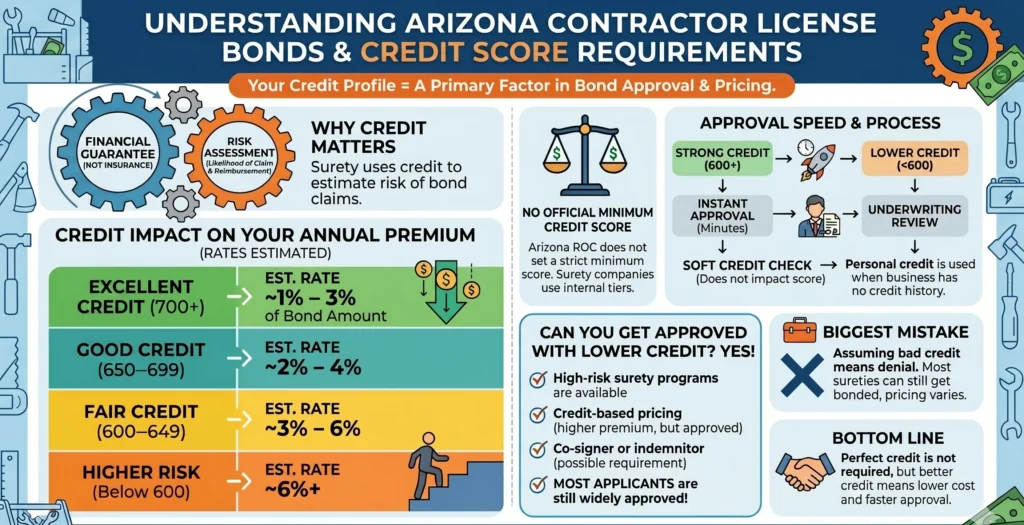 An infographic titled "Understanding Arizona Contractor License Bonds & Credit Score Requirements." The graphic uses a clean, professional blue and orange theme with icons and charts to explain how personal credit impacts bond pricing and approval. It features a color-coded table of credit tiers, a flowchart of the approval process (highlighting soft credit checks), and a section debunking the myth that low credit prevents approval.