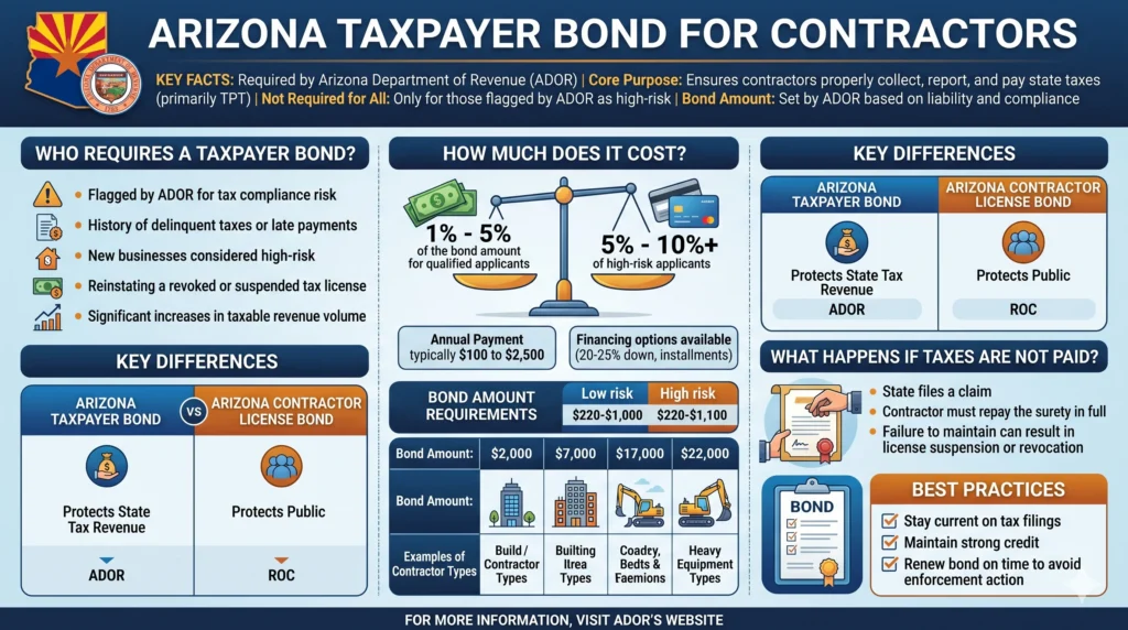 An educational infographic titled "Arizona Taxpayer Bond for Contractors" outlining requirements from the Arizona Department of Revenue (ADOR). It features sections on who needs the bond, cost breakdowns (1%–10%+), comparisons between Taxpayer Bonds and Contractor License Bonds, and a table of bond amounts ranging from $2,000 to $22,000 based on contractor type.