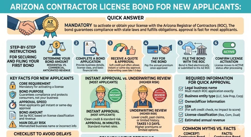 An educational infographic titled "Arizona Contractor License Bond for New Applicants," outlining the 6-step process for securing and filing a bond with the Arizona Registrar of Contractors (ROC). The graphic compares instant approval versus underwriting review and lists required information and key facts for license activation.