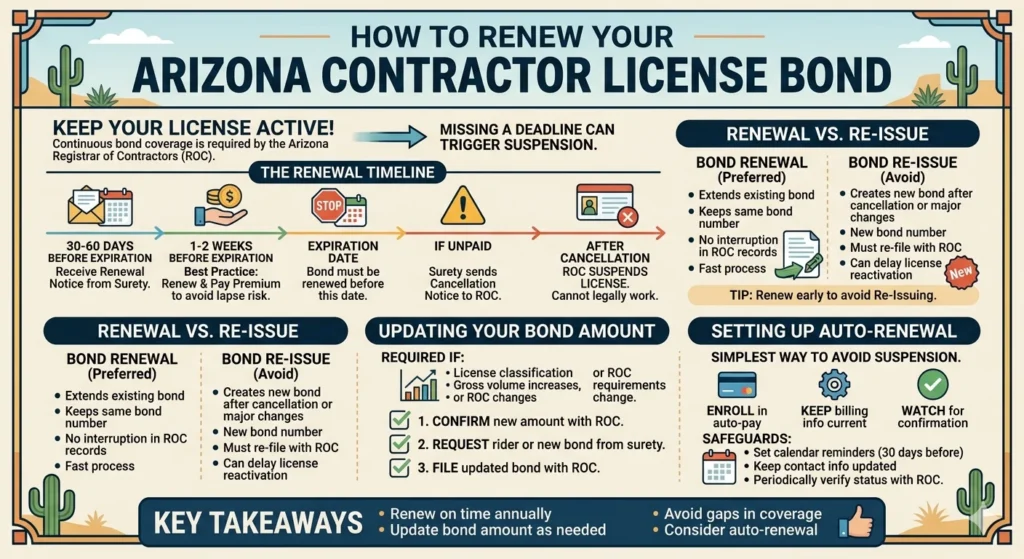 An educational infographic titled "How to Renew Your Arizona Contractor License Bond," featuring a renewal timeline, a comparison between bond renewals and re-issues, and steps for updating bond amounts and setting up auto-renewal.