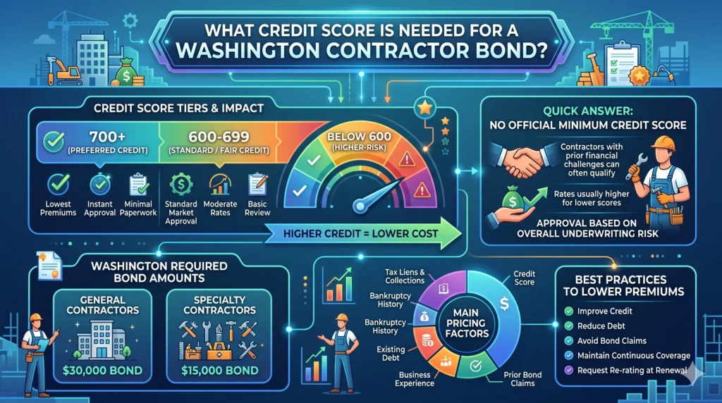 An infographic titled "What Credit Score is Needed for a Washington Contractor Bond?" It features a credit score gauge divided into three tiers: Preferred (700+), Standard (600–699), and Higher-Risk (Below 600). The graphic highlights that there is no official minimum score required, but higher credit leads to lower costs. It lists Washington’s bond amounts ($30,000 for General, $15,000 for Specialty) and identifies pricing factors like tax liens, bankruptcy, and business experience.